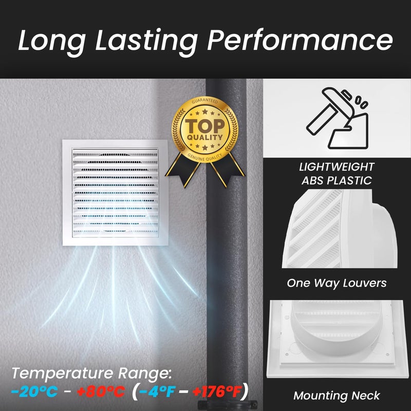 Repa Market 4 Inch White Dryer Vent Hood/Duct Cover for Walls or Ceiling/ABS Plastic Louvered Air Grille with Built-In Mesh Screen/Exhaust and Dryer Vent Covers for Indoor & Outdoor Use - Image 3